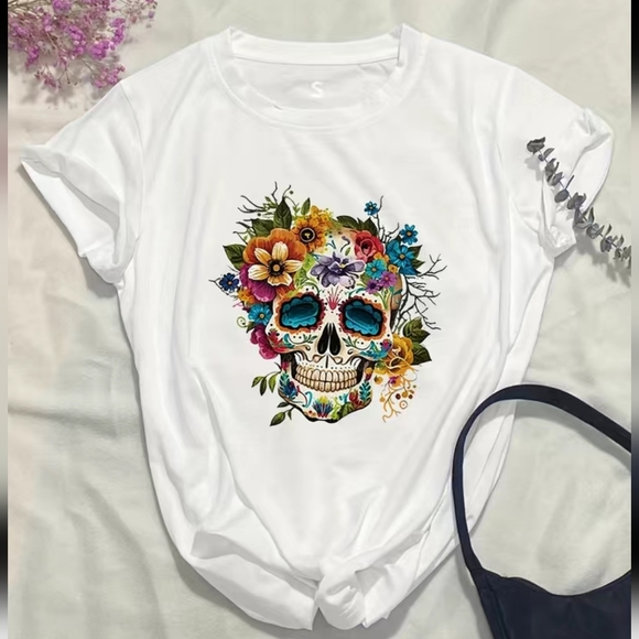 Sugar Skull Tshirt Shirt Sleved White Various Sizes Soft Dia de los Muertos - Picture 2 of 3